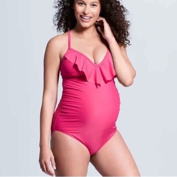 Isabel Maternity Pink Ruffle One Piece Swimsuit - Picture 1 of 5